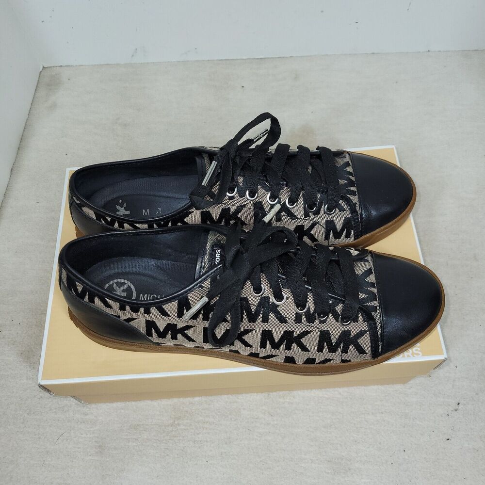 Michael Kors Shoes Size 10 Womens Black Tan MK Signature Logo Lace Up Sneakers - Picture 11 of 16
